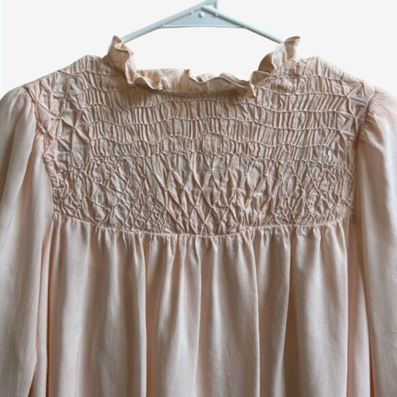 Free People Smocked Yoke Blouse Pink Coral XS Boho Peasant Top Long Sleeve - Picture 4 of 9